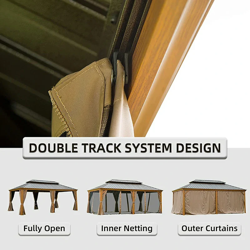 Aluminum Hardtop Gazebo Wood-Looking with Drainage Gutters - Image 50