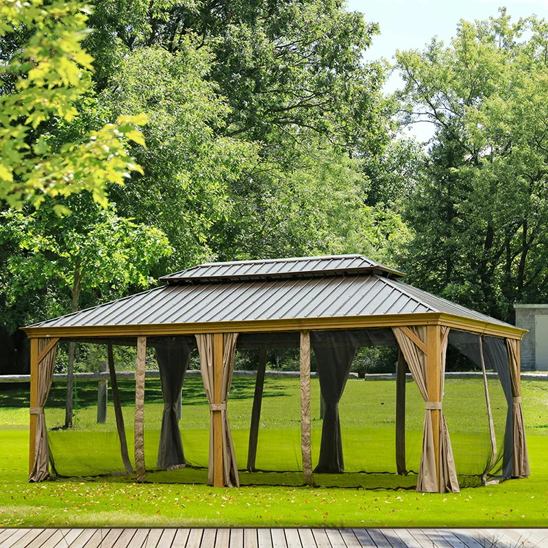 Aluminum Hardtop Gazebo Wood-Looking with Drainage Gutters - Image 53