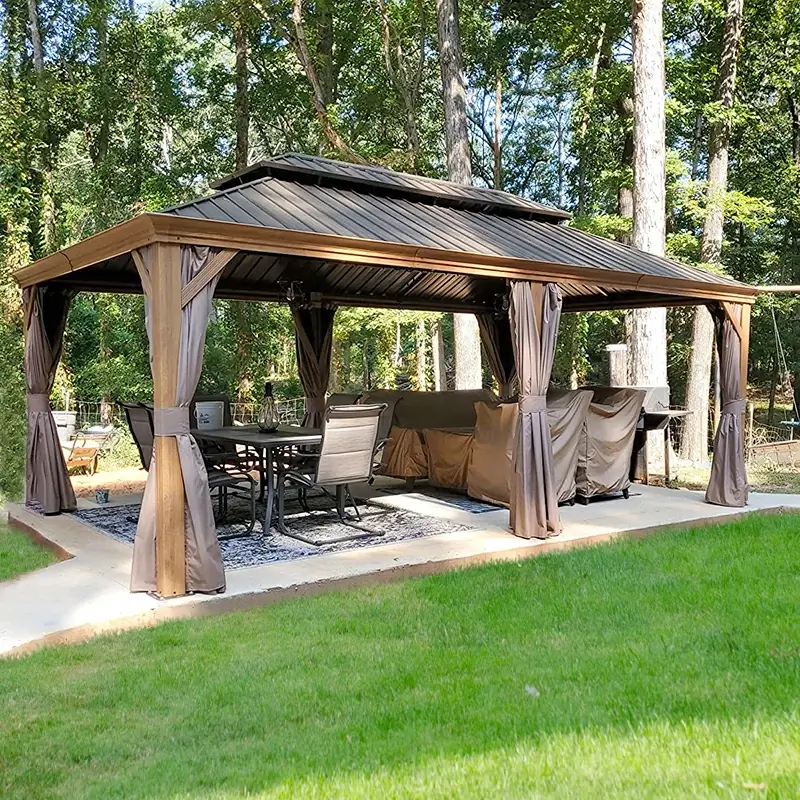 Aluminum Hardtop Gazebo Wood-Looking with Drainage Gutters - Image 54