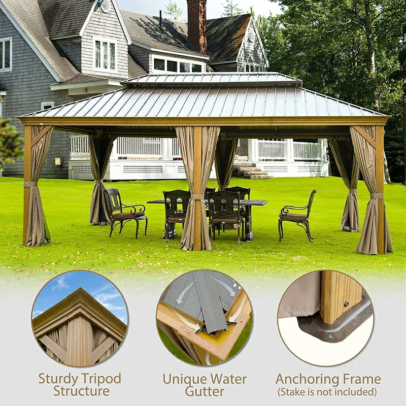Aluminum Hardtop Gazebo Wood-Looking with Drainage Gutters - Image 57