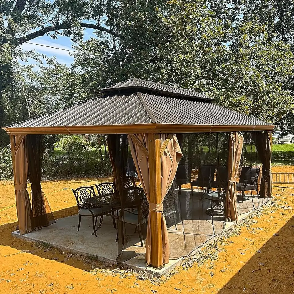 Aluminum Hardtop Gazebo Wood-Looking with Drainage Gutters - Image 64