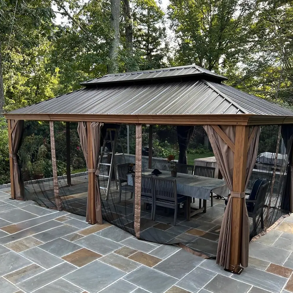 Aluminum Hardtop Gazebo Wood-Looking with Drainage Gutters - Image 65