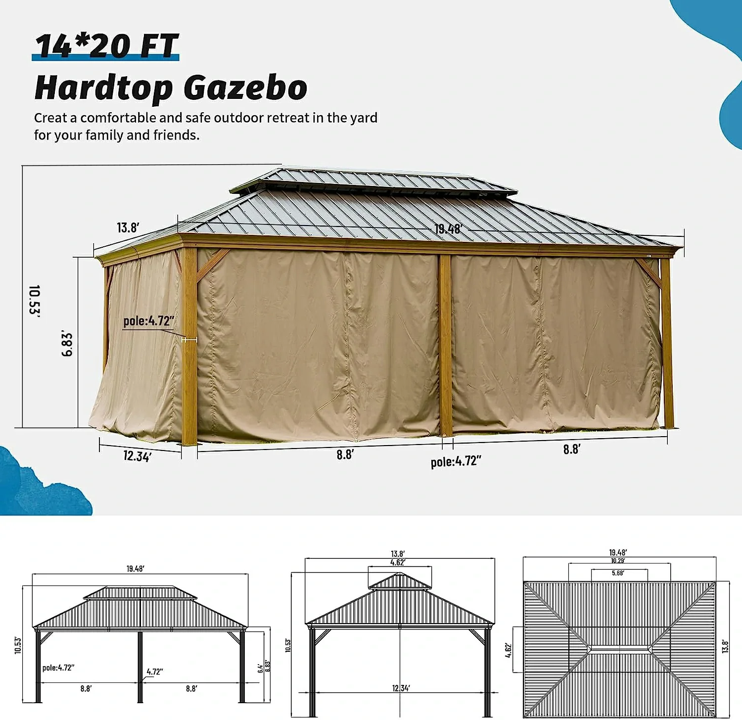 Aluminum Hardtop Gazebo Wood-Looking with Drainage Gutters - Image 66