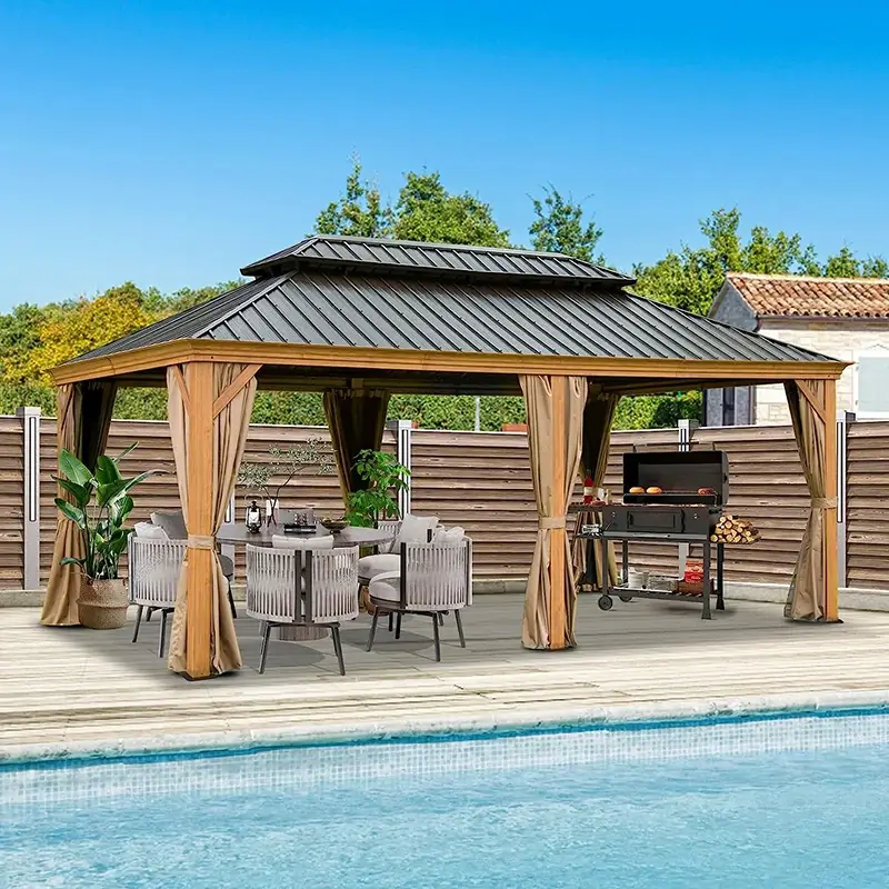 Aluminum Hardtop Gazebo Wood-Looking with Drainage Gutters - Image 72