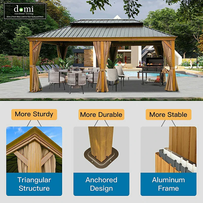 Aluminum Hardtop Gazebo Wood-Looking with Drainage Gutters - Image 73
