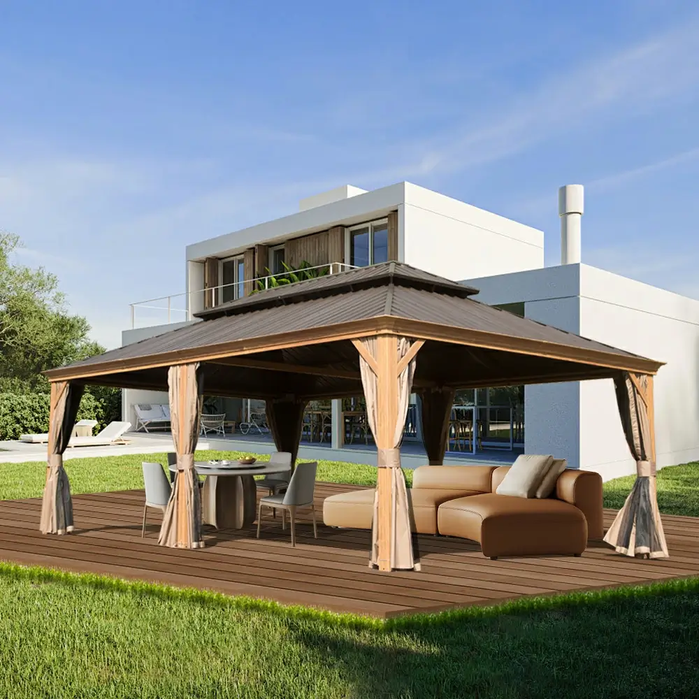 Aluminum Hardtop Gazebo Wood-Looking with Drainage Gutters - Image 74