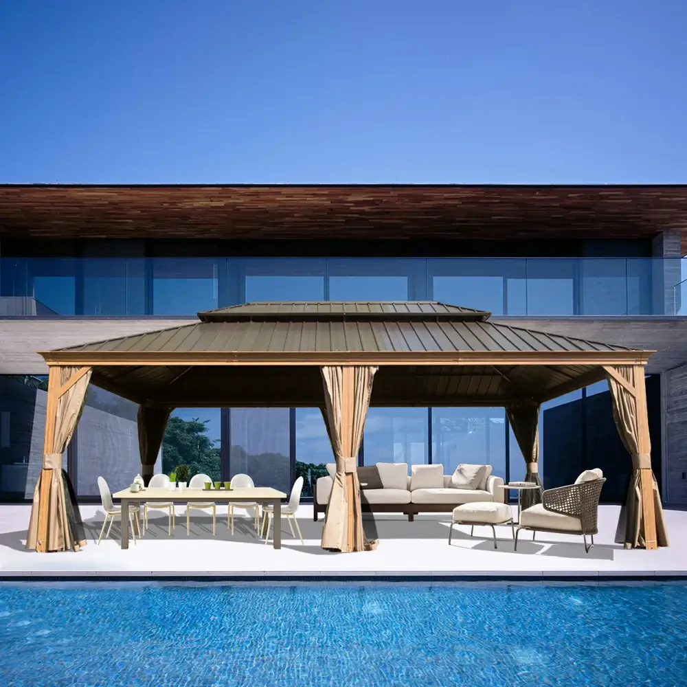 Aluminum Hardtop Gazebo Wood-Looking with Drainage Gutters - Image 75