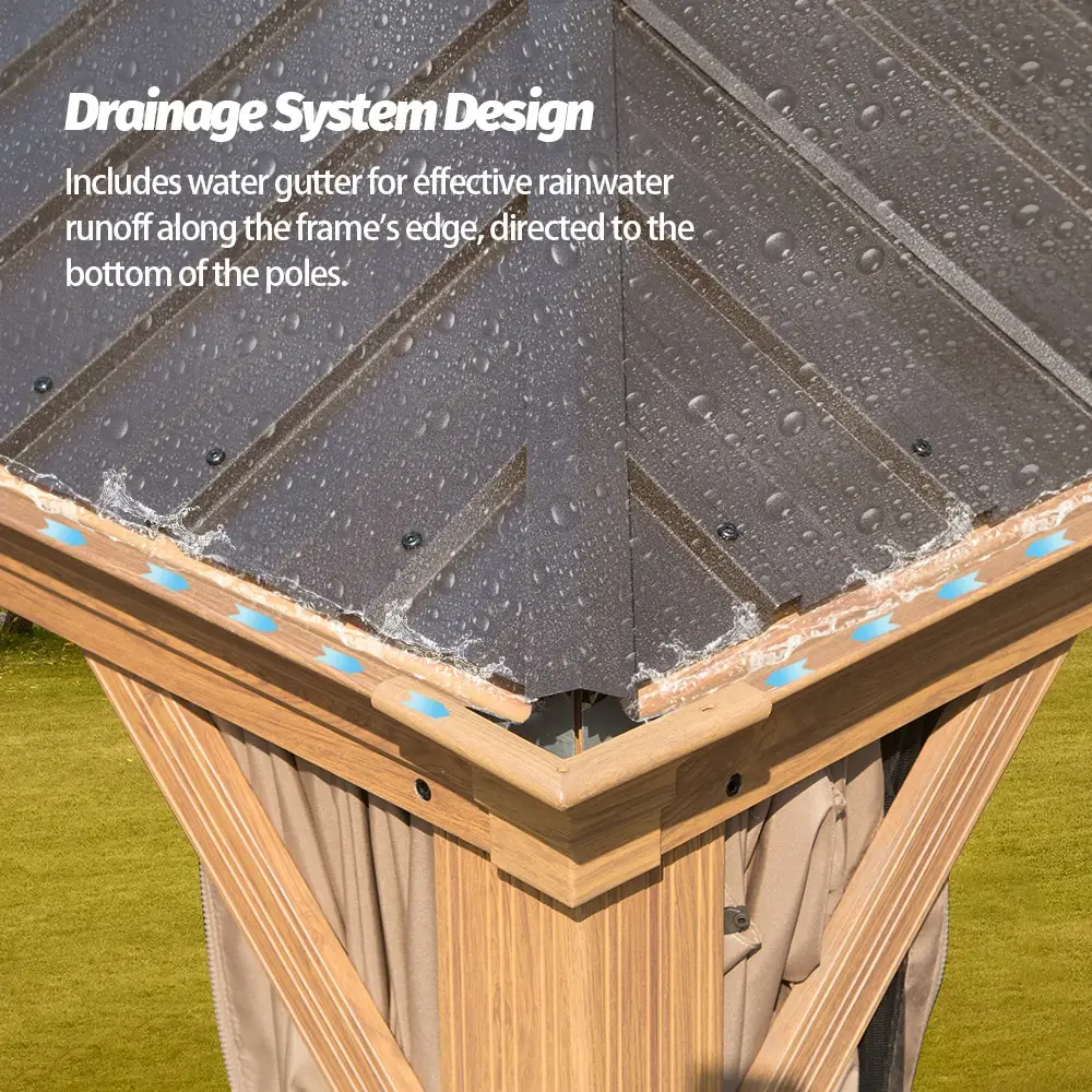 Aluminum Hardtop Gazebo Wood-Looking with Drainage Gutters - Image 78
