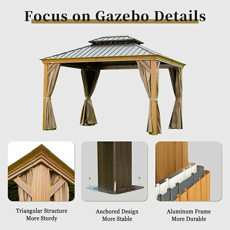 Aluminum Hardtop Gazebo Wood-Looking with Drainage Gutters - Image 8