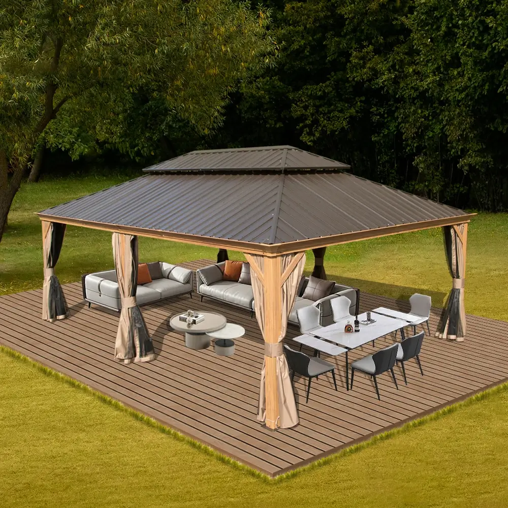 Aluminum Hardtop Gazebo Wood-Looking with Drainage Gutters - Image 84
