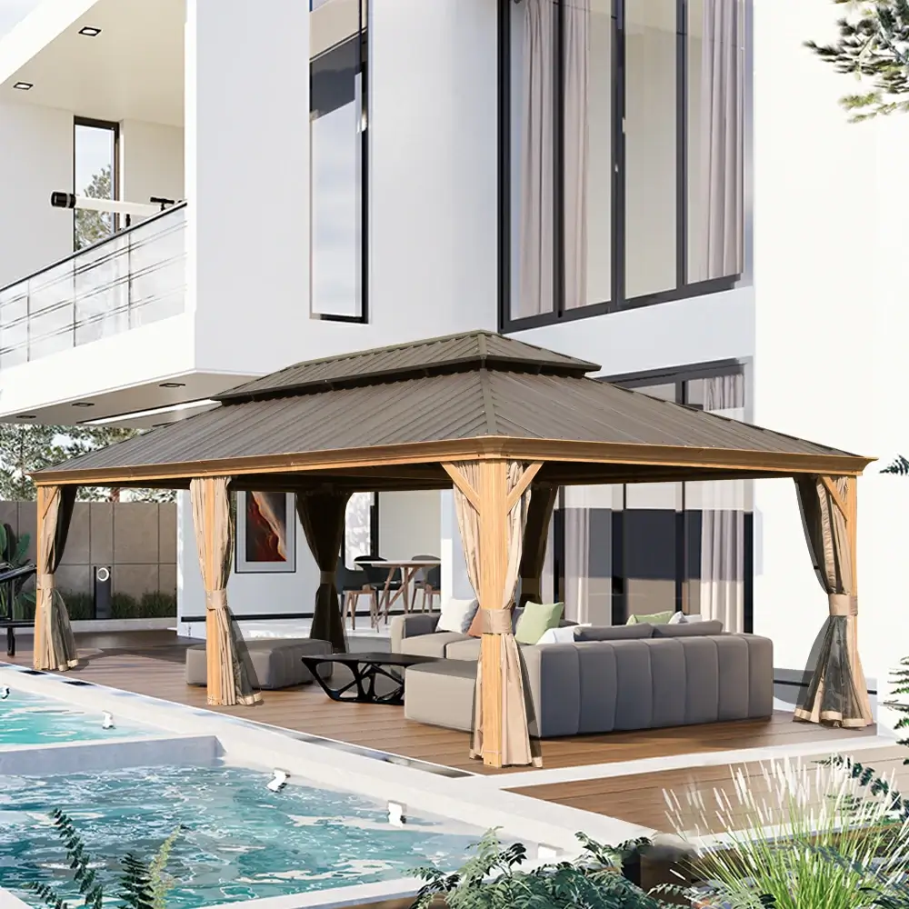 Aluminum Hardtop Gazebo Wood-Looking with Drainage Gutters - Image 85