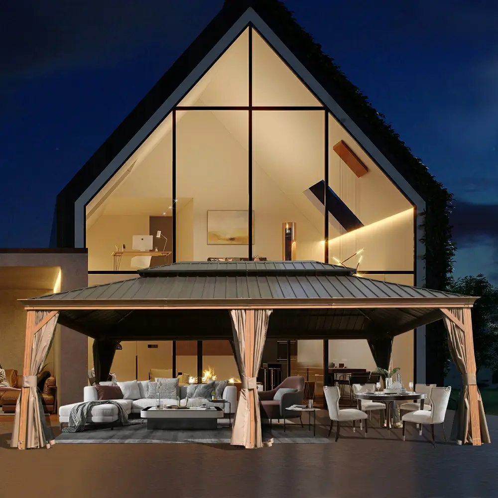 Aluminum Hardtop Gazebo Wood-Looking with Drainage Gutters - Image 86