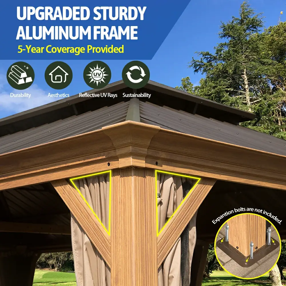 Aluminum Hardtop Gazebo Wood-Looking with Drainage Gutters - Image 90