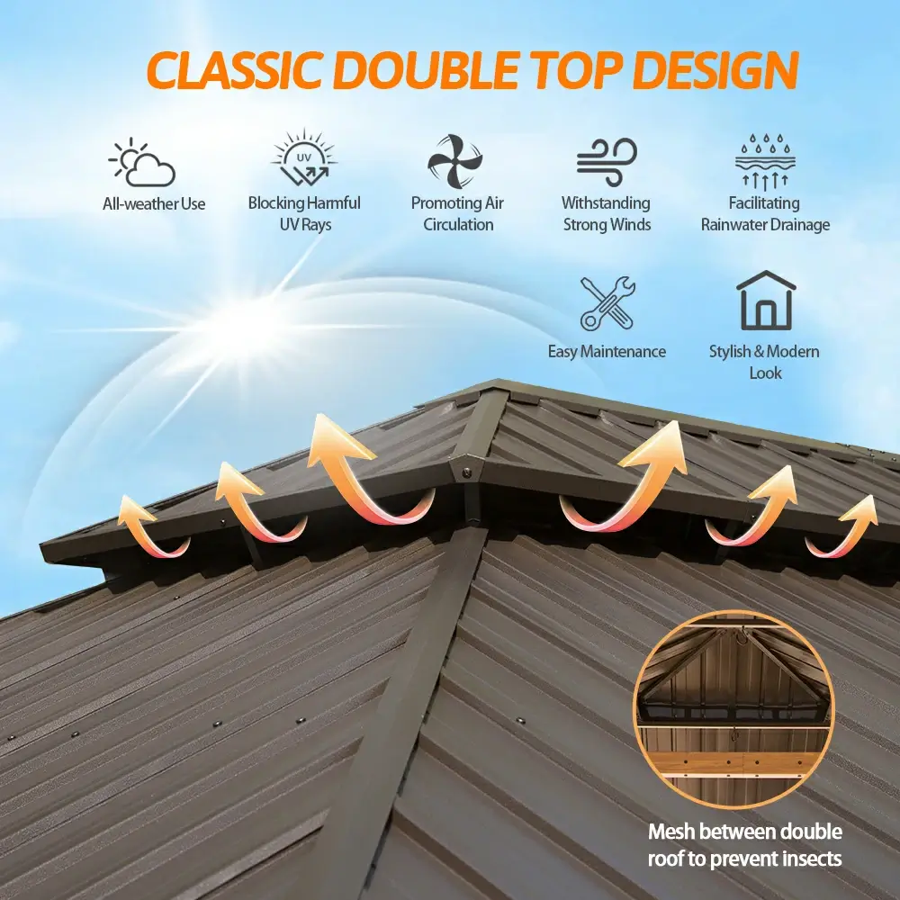 Aluminum Hardtop Gazebo Wood-Looking with Drainage Gutters - Image 91