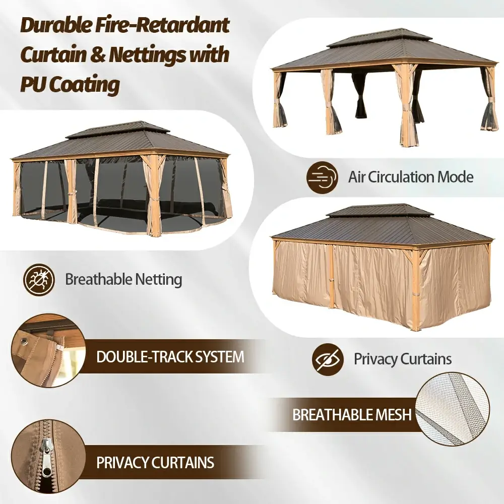 Aluminum Hardtop Gazebo Wood-Looking with Drainage Gutters - Image 94