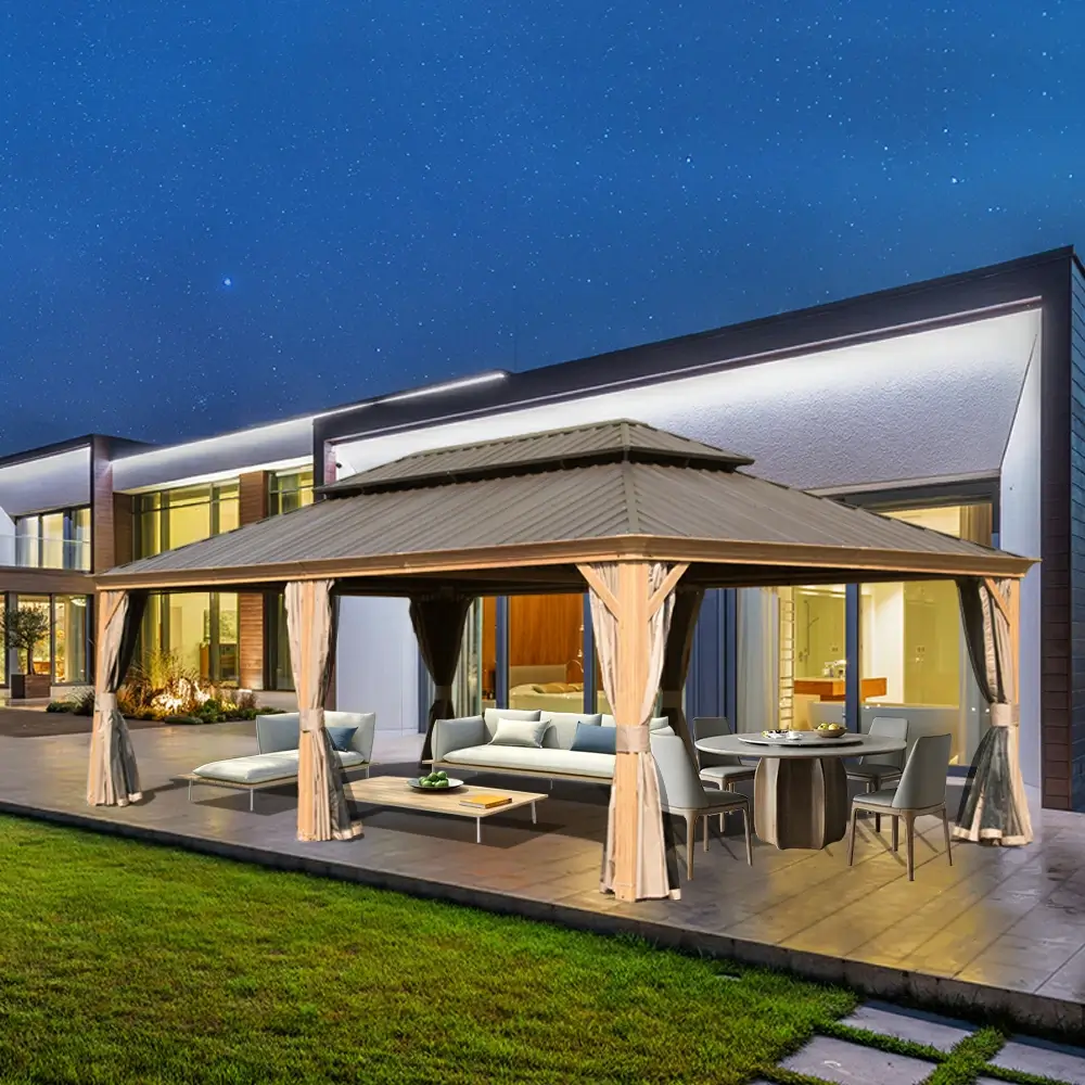 Aluminum Hardtop Gazebo Wood-Looking with Drainage Gutters - Image 95