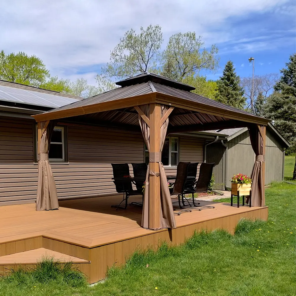 Aluminum Hardtop Gazebo Wood-Looking with Drainage Gutters - Image 96