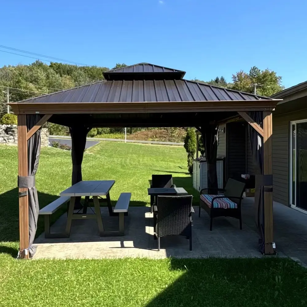 Aluminum Hardtop Gazebo Wood-Looking with Drainage Gutters - Image 97