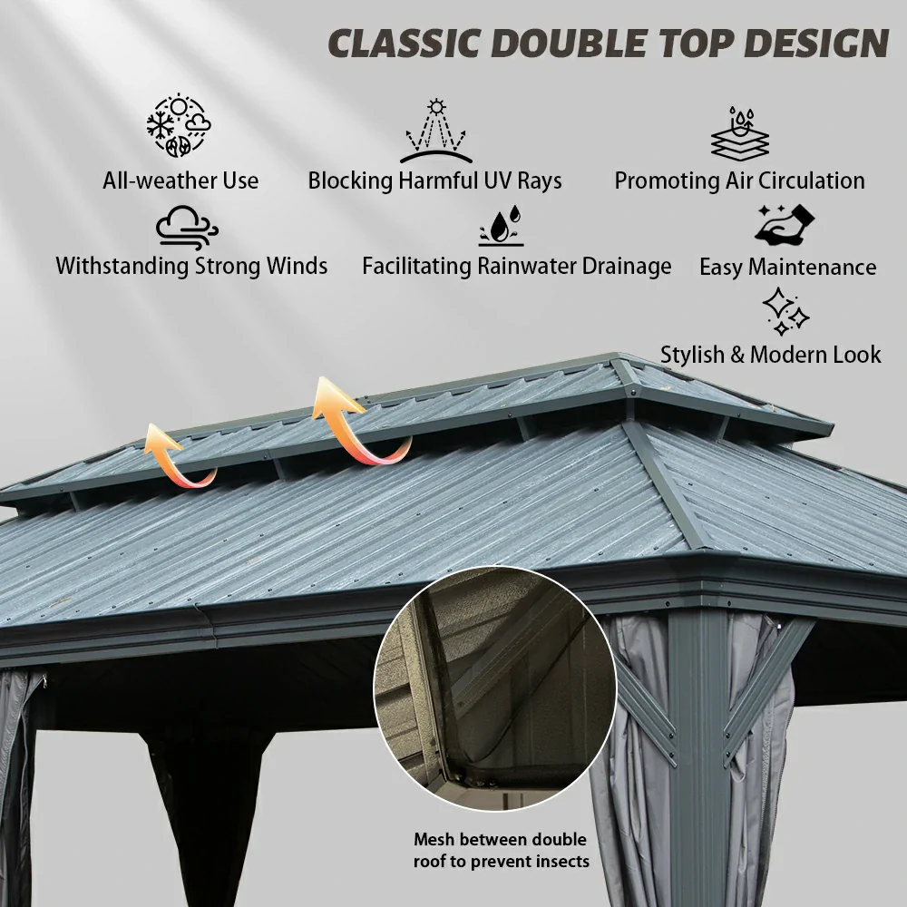Galvanized Steel Hardtop Gazebo with Drainage Gutters - Image 131
