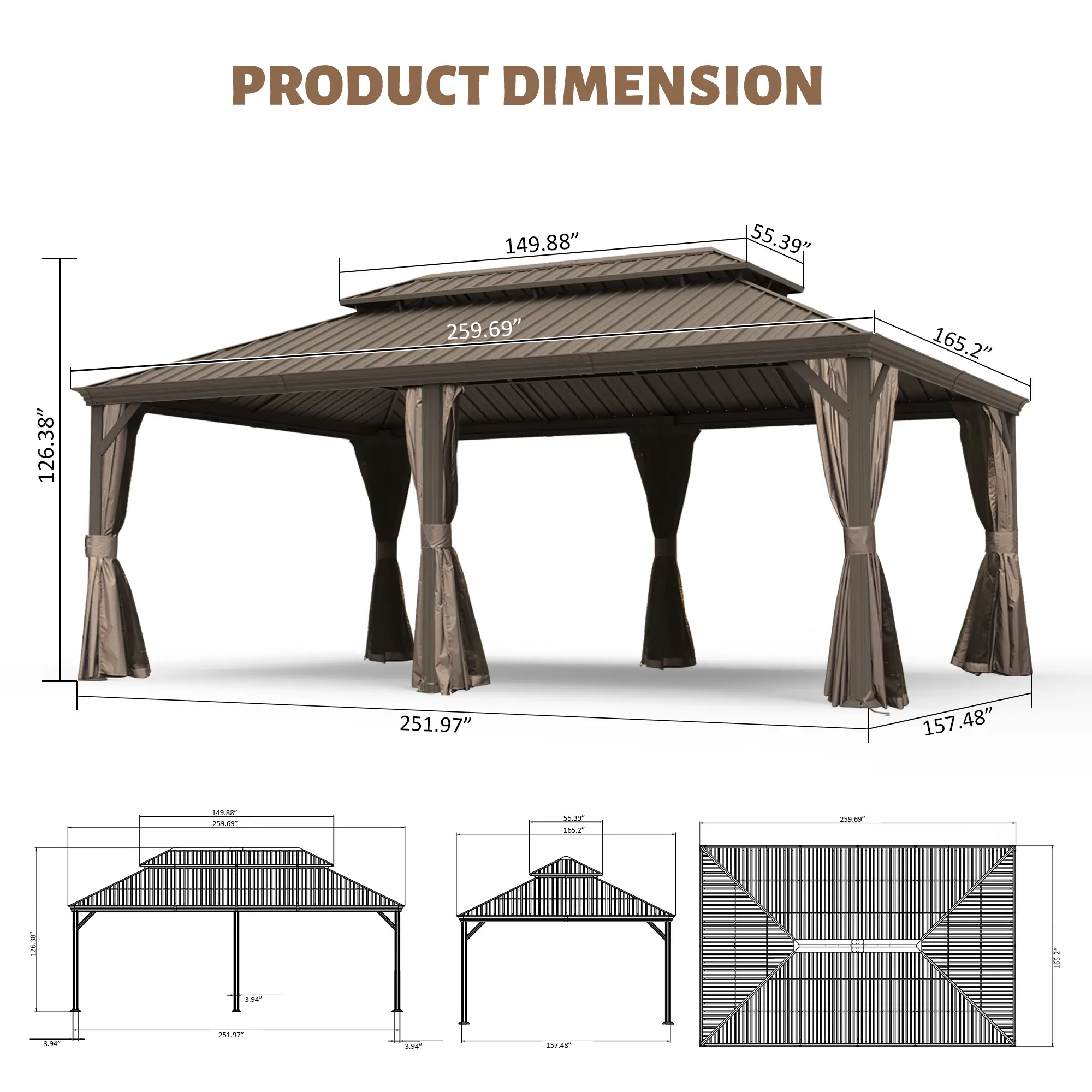 Galvanized Steel Hardtop Gazebo with Drainage Gutters - Image 136