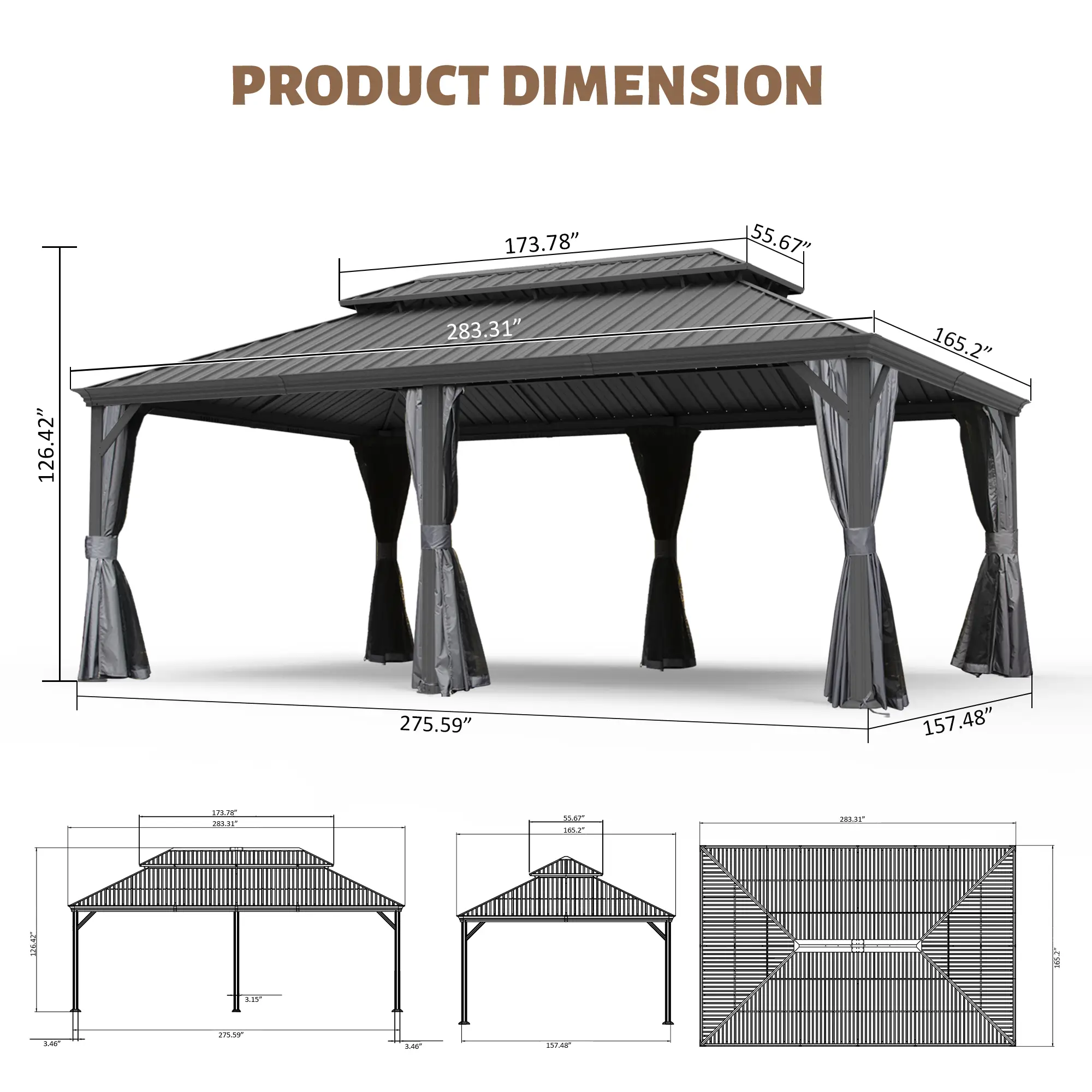 Galvanized Steel Hardtop Gazebo with Drainage Gutters - Image 143