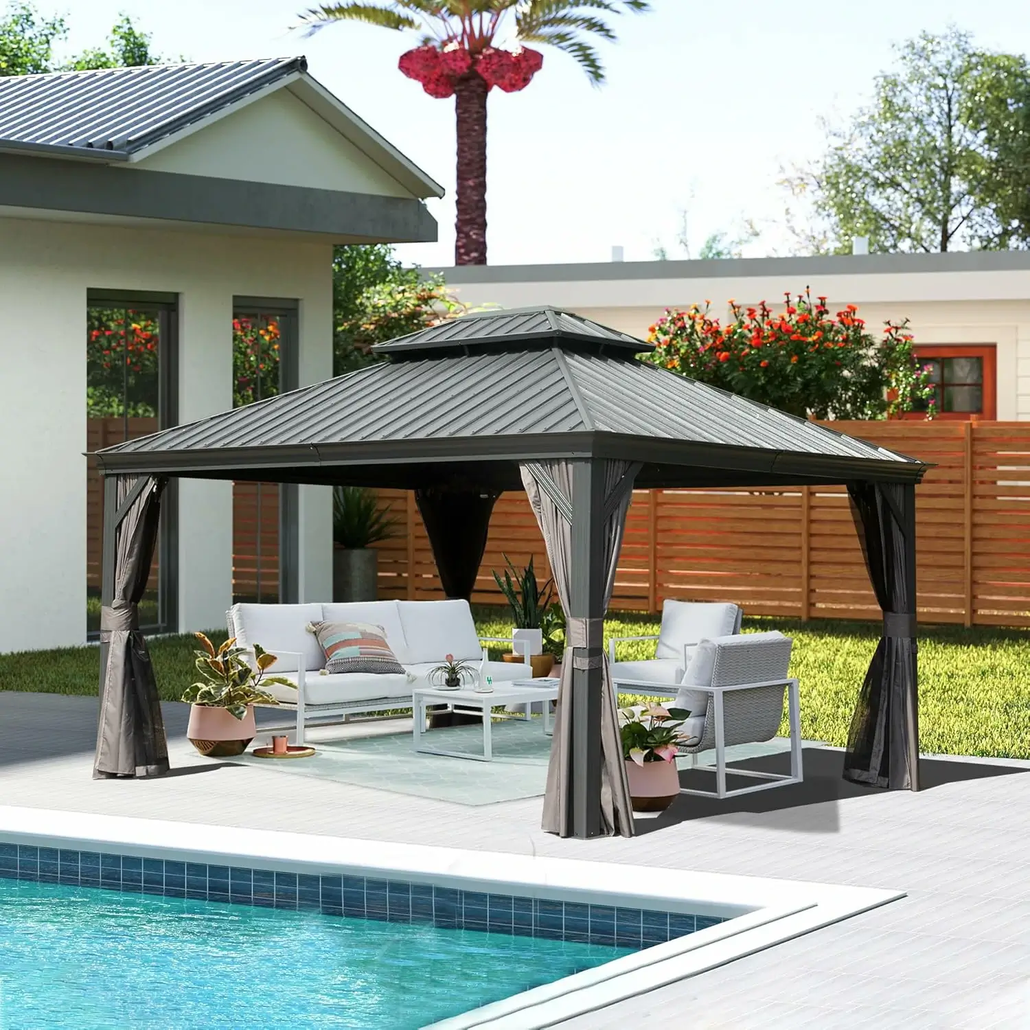 Galvanized Steel Hardtop Gazebo with Drainage Gutters - Image 156