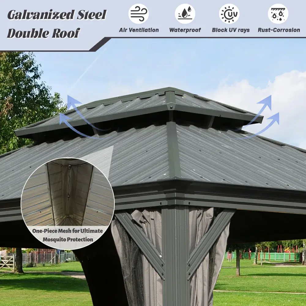 Galvanized Steel Hardtop Gazebo with Drainage Gutters - Image 174