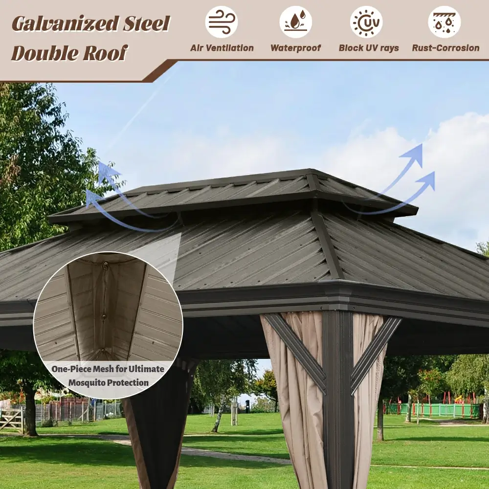 Galvanized Steel Hardtop Gazebo with Drainage Gutters - Image 184