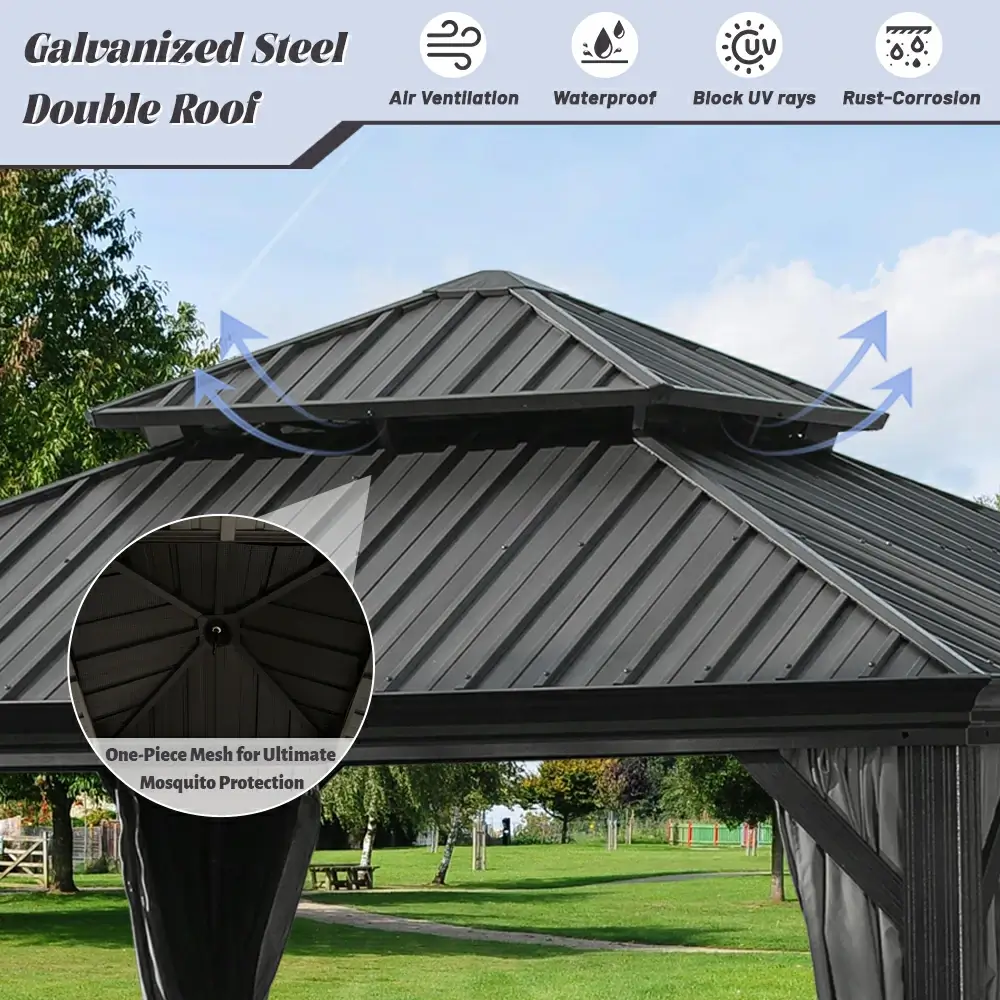 Galvanized Steel Hardtop Gazebo with Drainage Gutters - Image 193