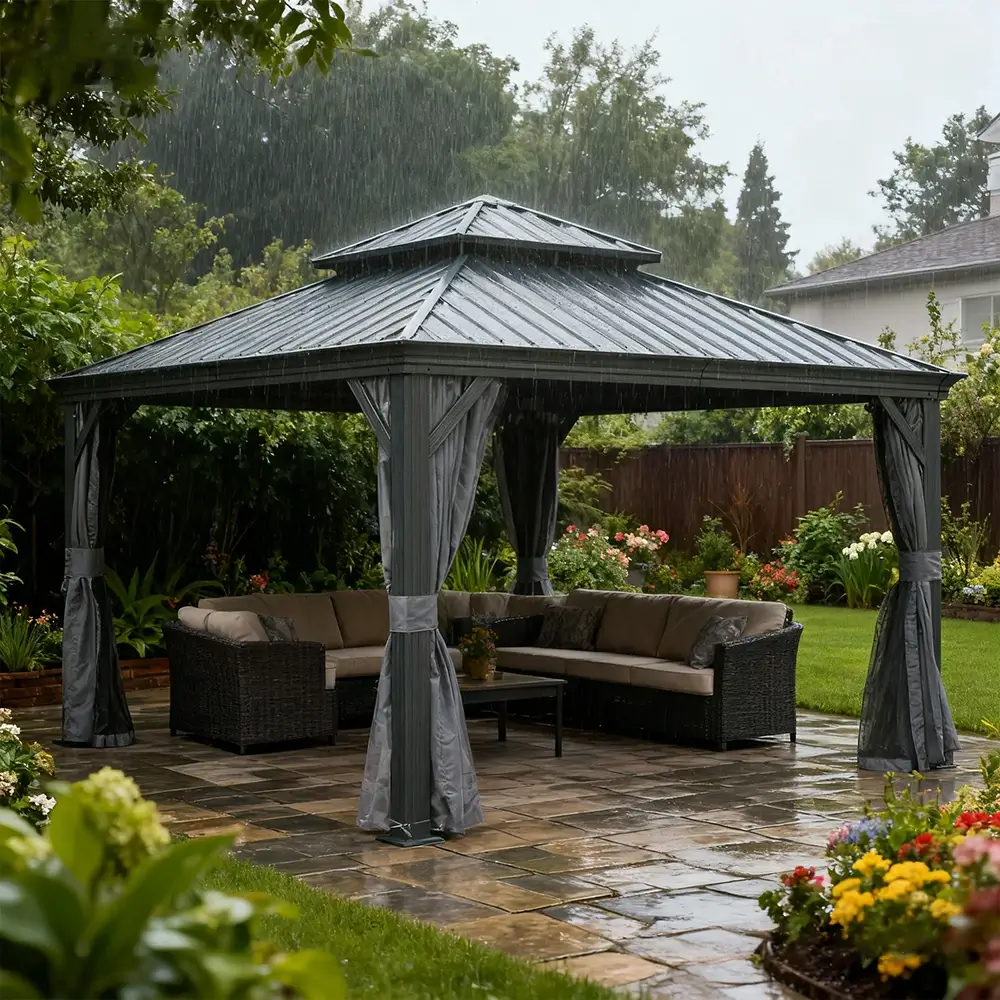 Galvanized Steel Hardtop Gazebo with Drainage Gutters - Image 199