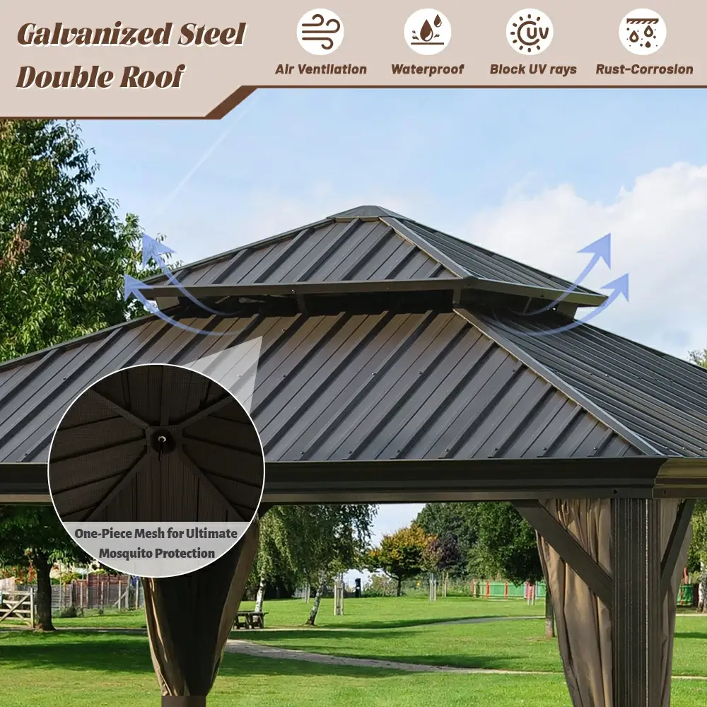 Galvanized Steel Hardtop Gazebo with Drainage Gutters - Image 203