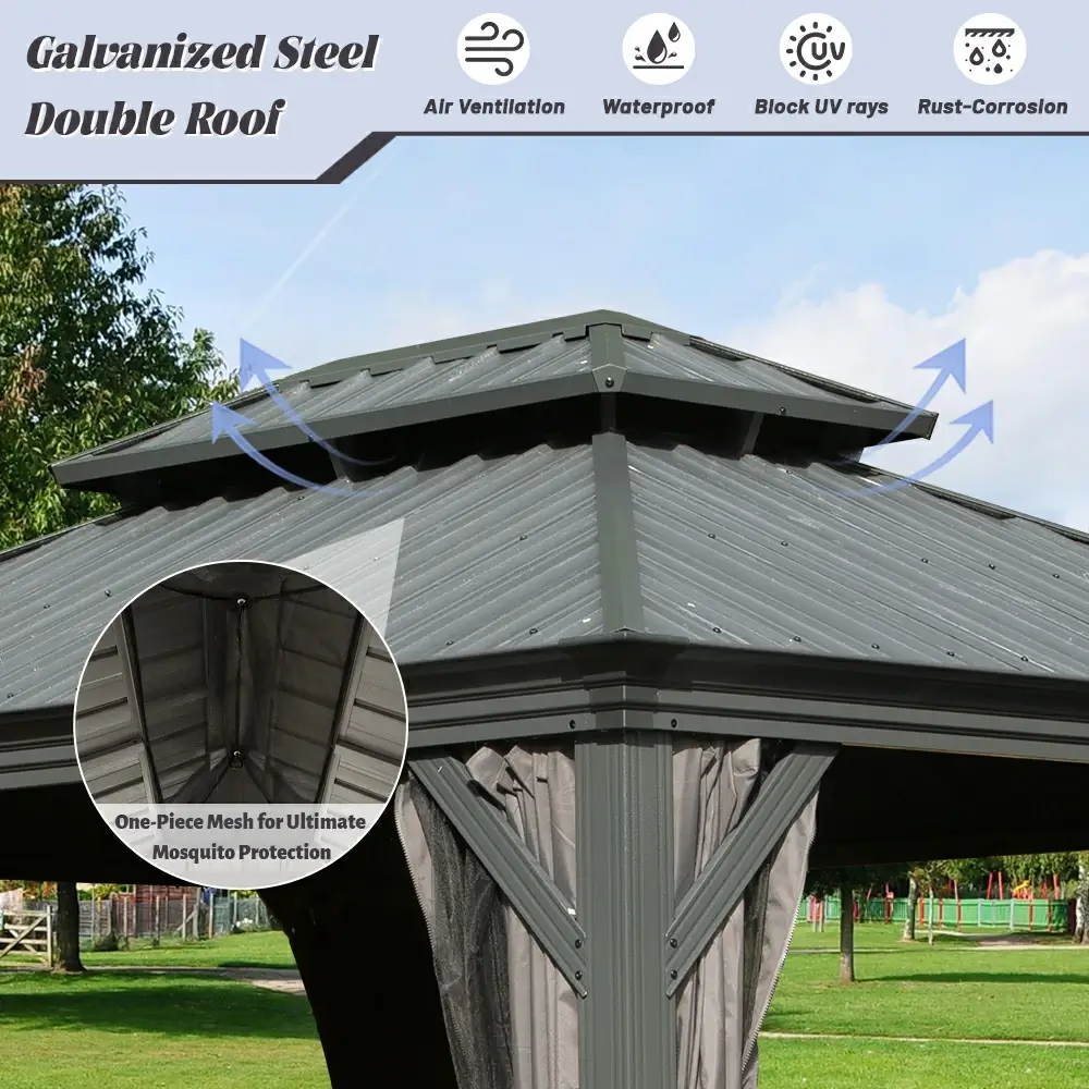 Galvanized Steel Hardtop Gazebo with Drainage Gutters - Image 211