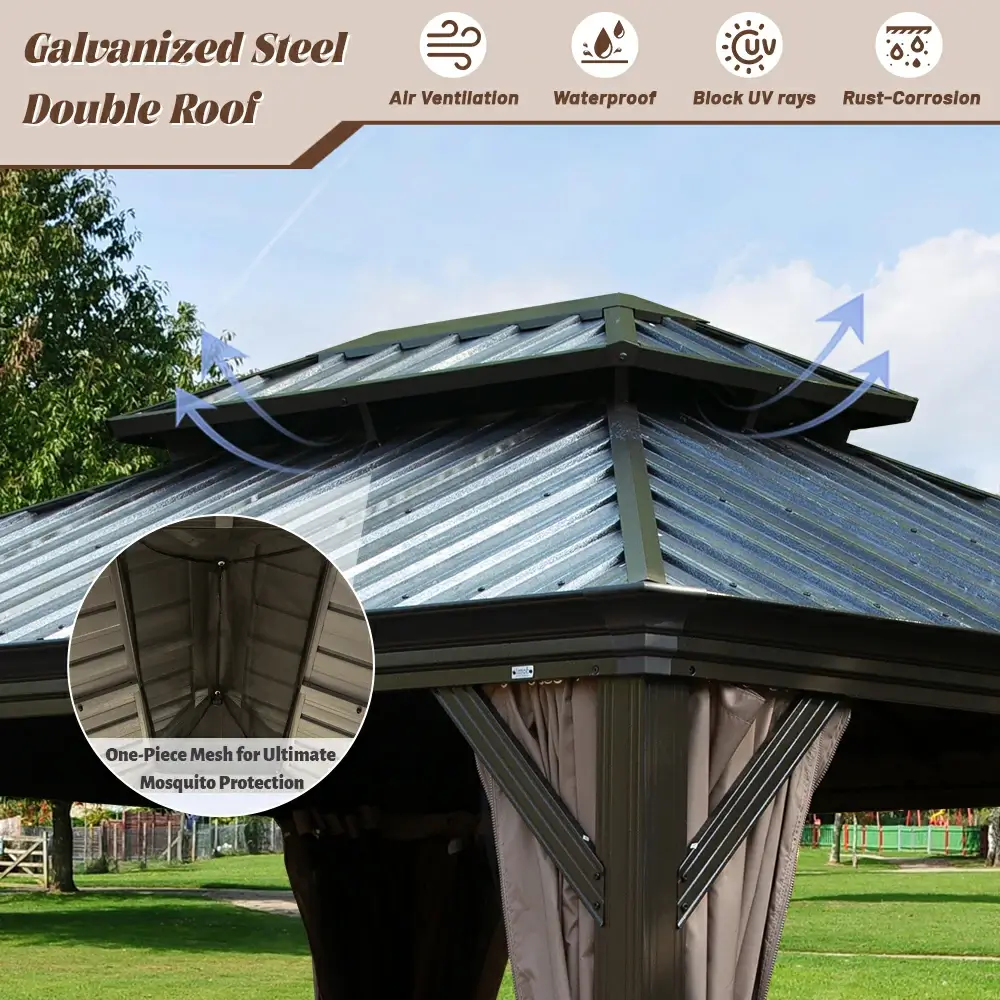 Galvanized Steel Hardtop Gazebo with Drainage Gutters - Image 221