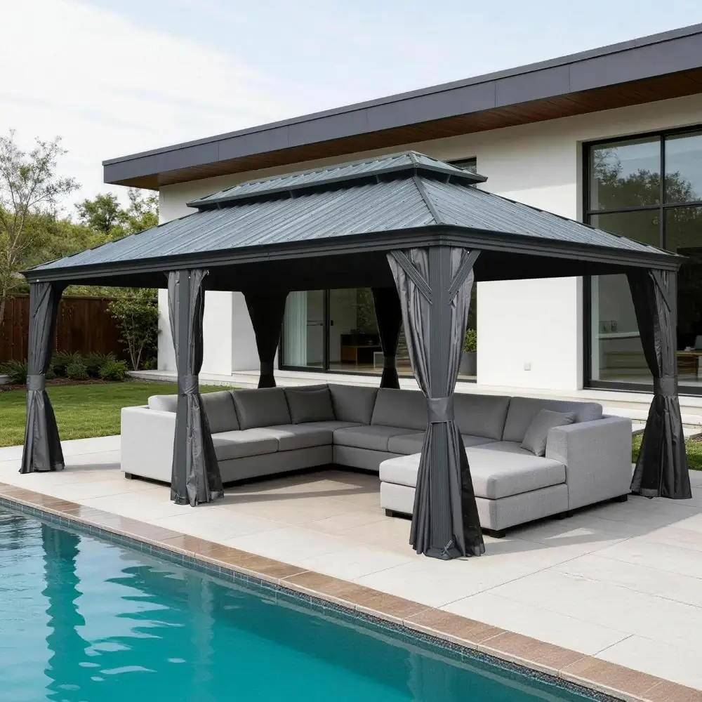 Galvanized Steel Hardtop Gazebo with Drainage Gutters - Image 236