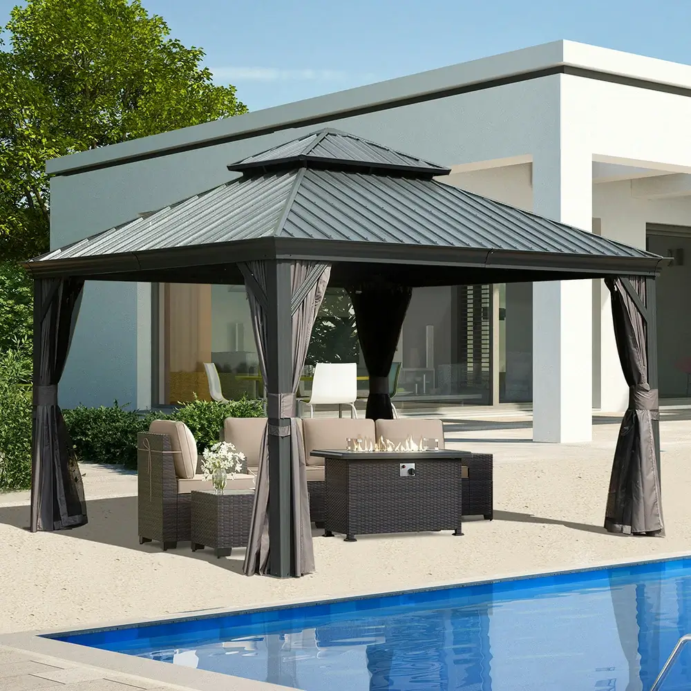 Aluminum Hardtop Gazebo Dark Gray with Drainage Gutters - Image 21