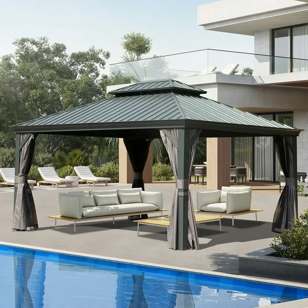 Aluminum Hardtop Gazebo Dark Gray with Drainage Gutters - Image 22
