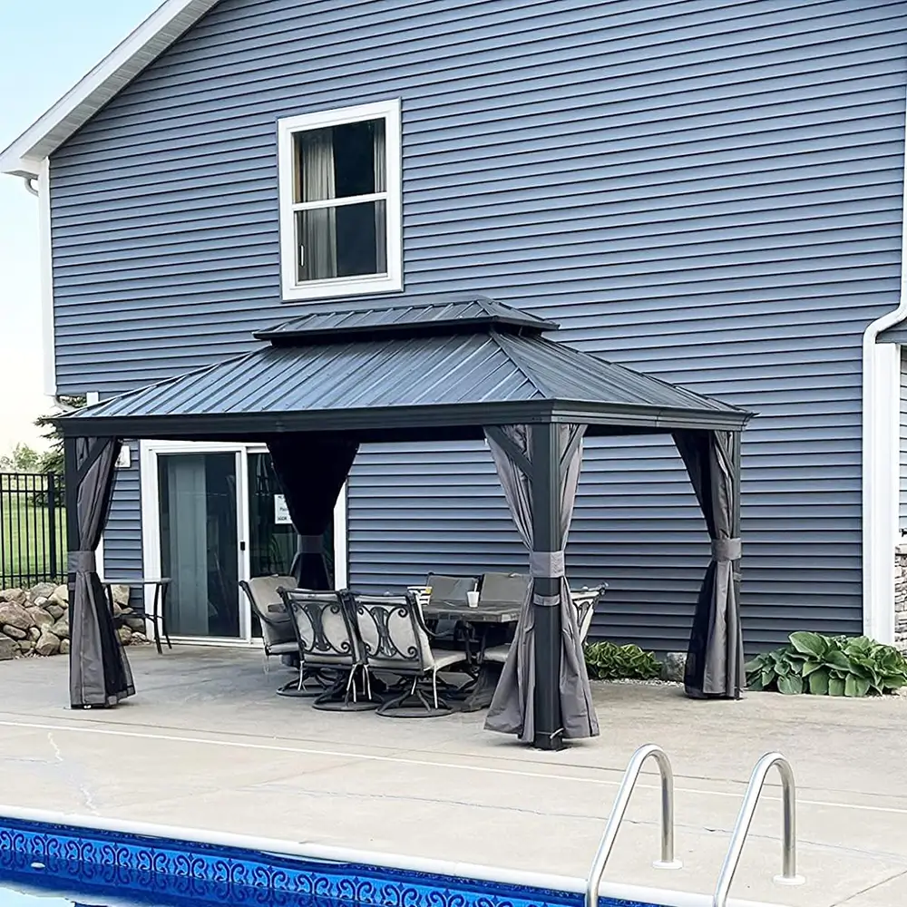 Aluminum Hardtop Gazebo Dark Gray with Drainage Gutters - Image 23