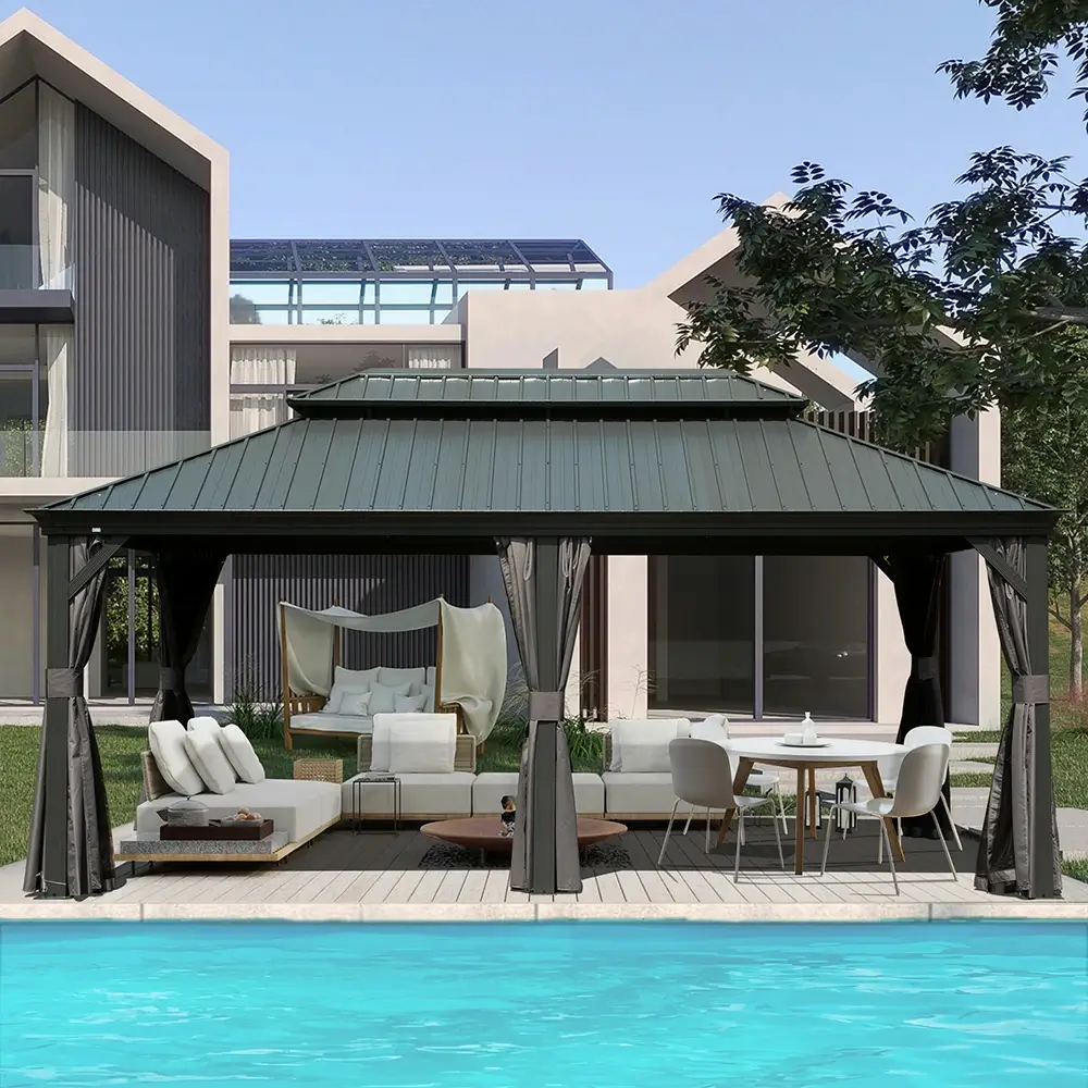 Aluminum Hardtop Gazebo Dark Gray with Drainage Gutters - Image 41