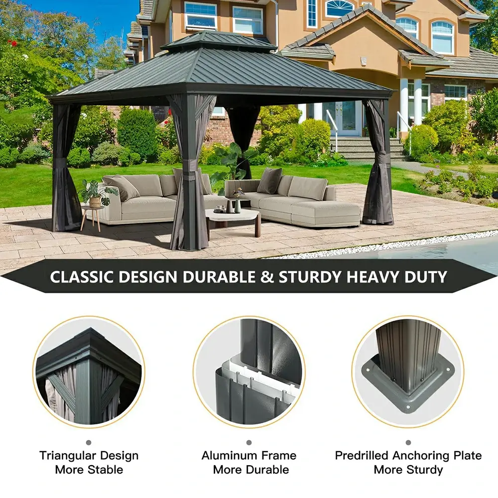 Aluminum Hardtop Gazebo Dark Gray with Drainage Gutters - Image 90