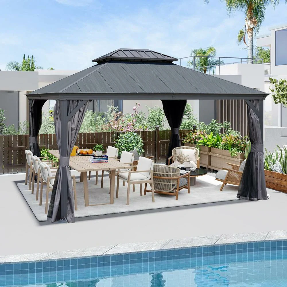 Galvanized Steel Hardtop Gazebo Dark Gray with Resin Roof & Gutters - Image 25