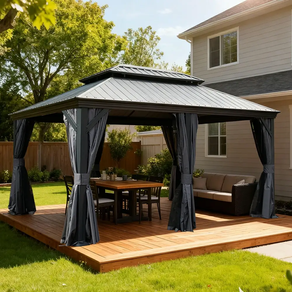 Galvanized Steel Hardtop Gazebo Dark Gray with Resin Roof & Gutters - Image 42