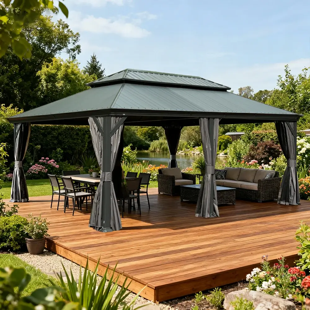 Galvanized Steel Hardtop Gazebo Dark Gray with Resin Roof & Gutters - Image 52