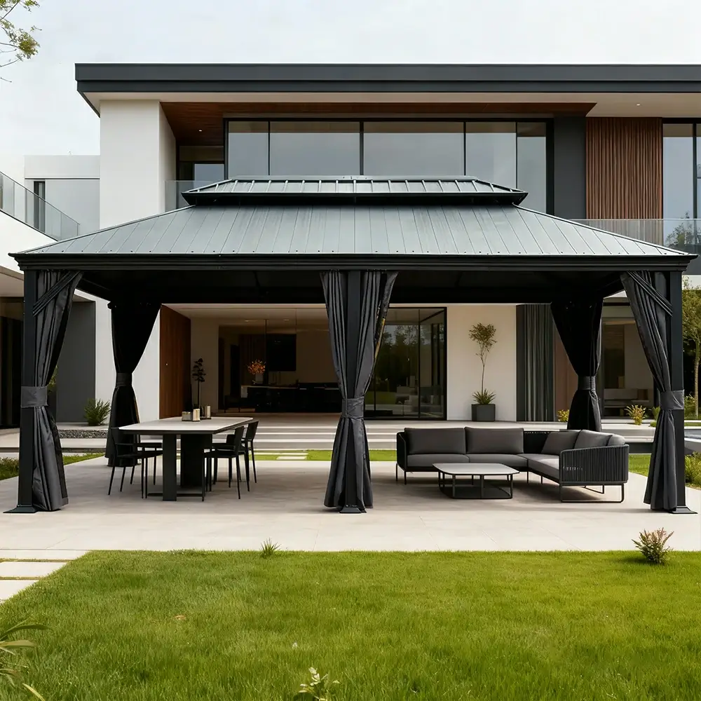 Galvanized Steel Hardtop Gazebo Dark Gray with Resin Roof & Gutters - Image 53