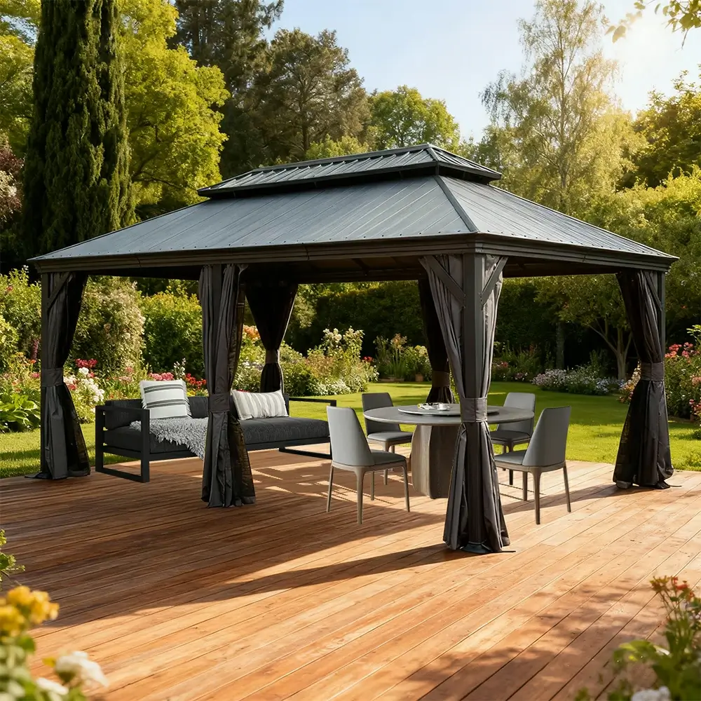 Galvanized Steel Hardtop Gazebo Dark Gray with Resin Roof & Gutters - Image 54