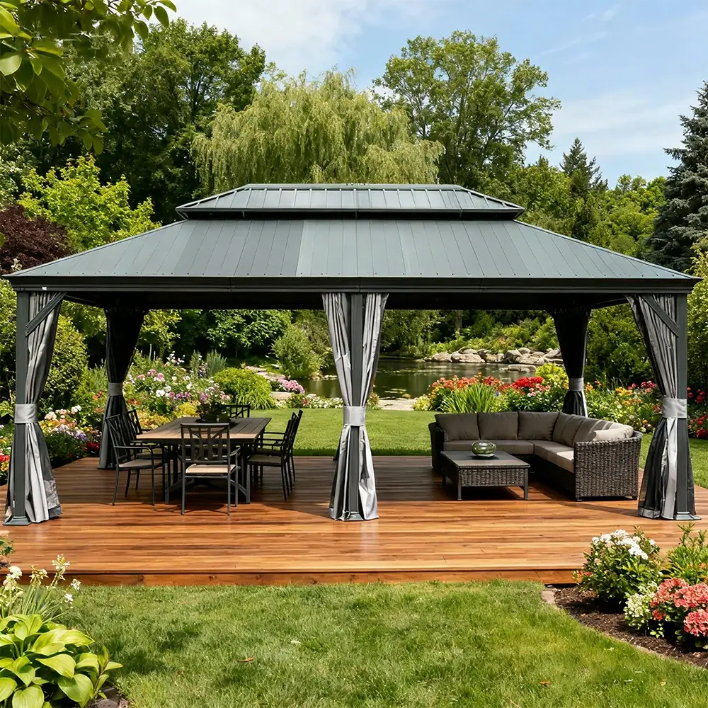 Galvanized Steel Hardtop Gazebo Dark Gray with Resin Roof & Gutters - Image 65