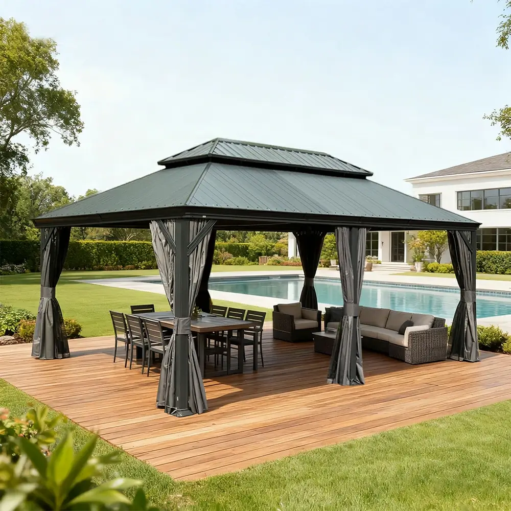 Galvanized Steel Hardtop Gazebo Dark Gray with Resin Roof & Gutters - Image 66