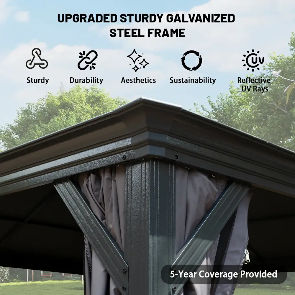 Galvanized Steel Hardtop Gazebo Dark Gray with Resin Roof & Gutters - Image 74