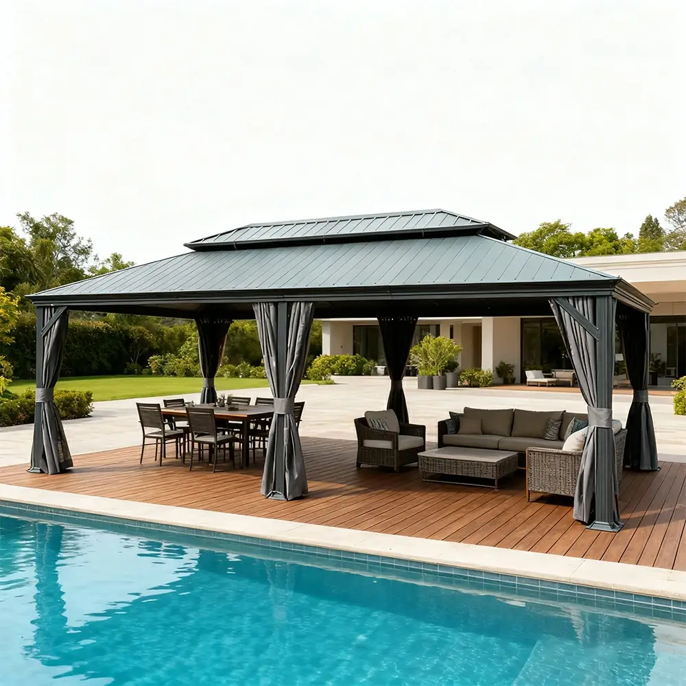Galvanized Steel Hardtop Gazebo Dark Gray with Resin Roof & Gutters - Image 77