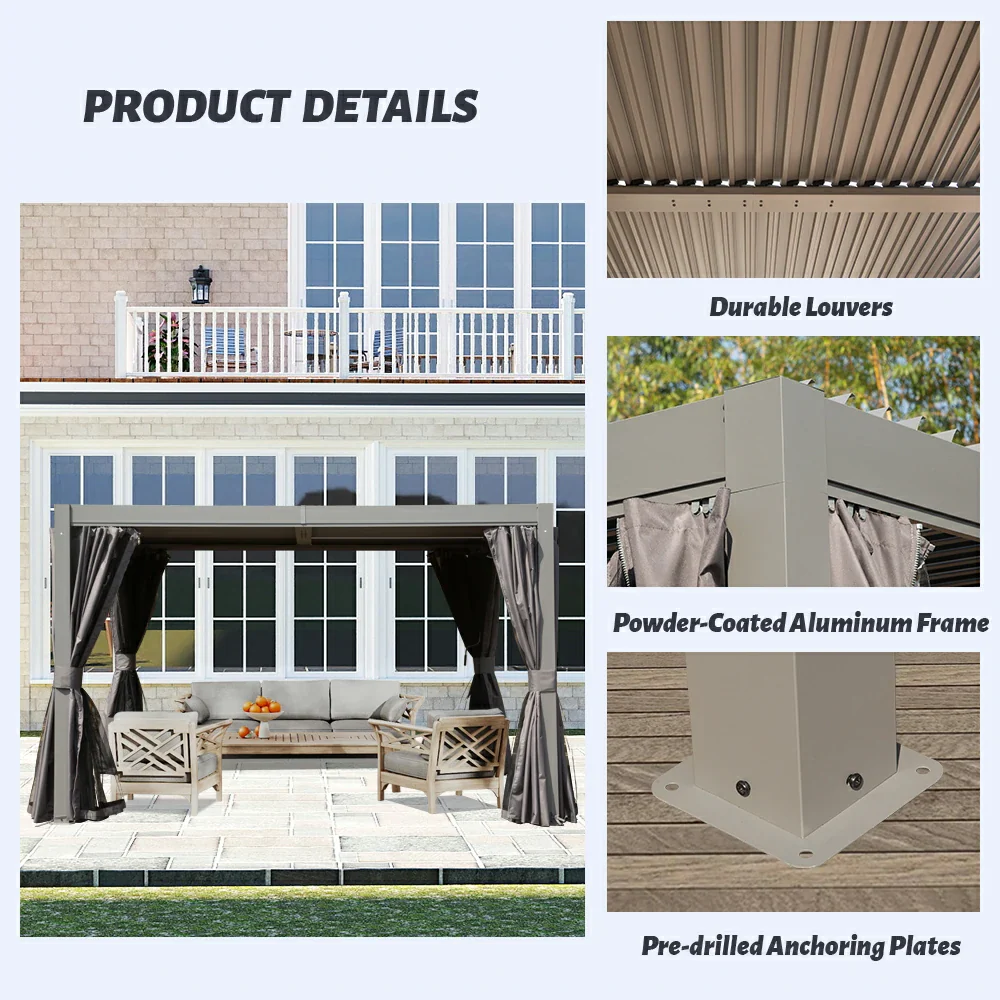 Domi Patio Aluminum Louvered Pergola - Gray - Image 29
