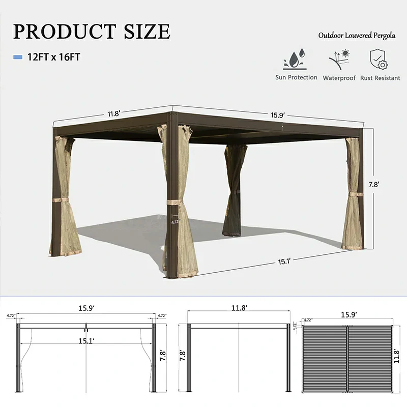 Louvered Pergola Brown with Galvanized Steel Roof - Image 14
